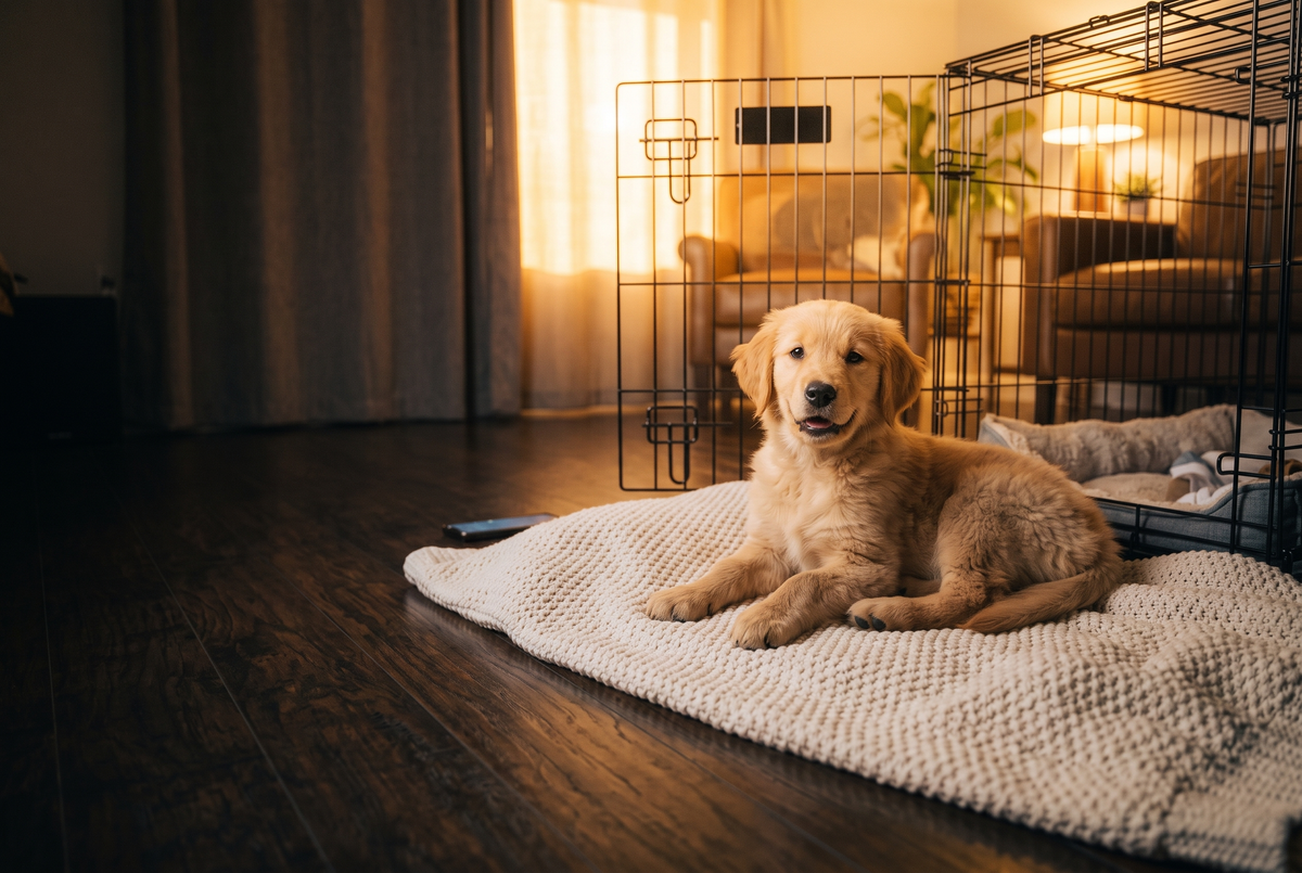 The same puppy awake in warm morning light