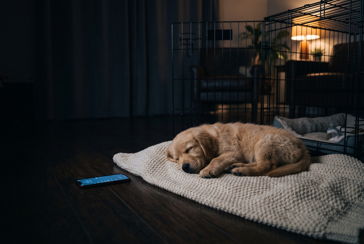 Puppy asleep beside its crate at night, lit by a phone screen