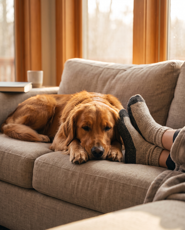 A one-year-old dog resting calmly beside its owner's feet