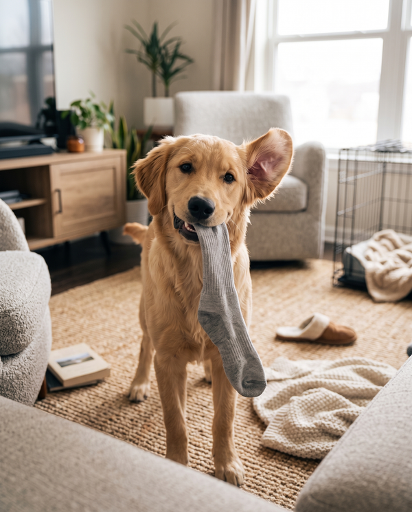 An adolescent golden retriever caught with a stolen sock