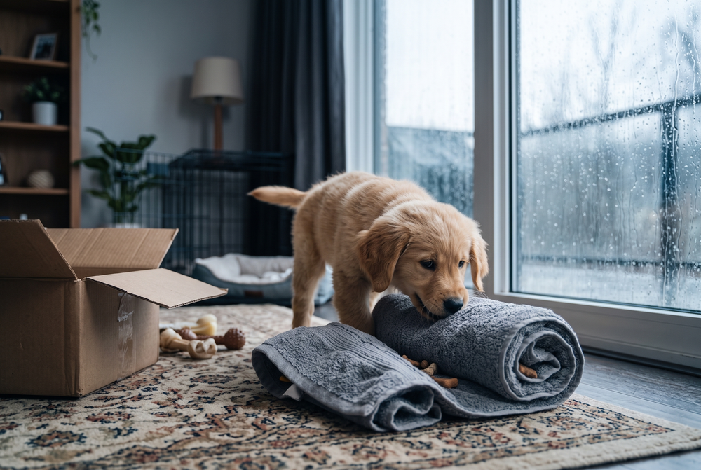 Puppy playing with a towel puzzle indoors while rain streaks the window