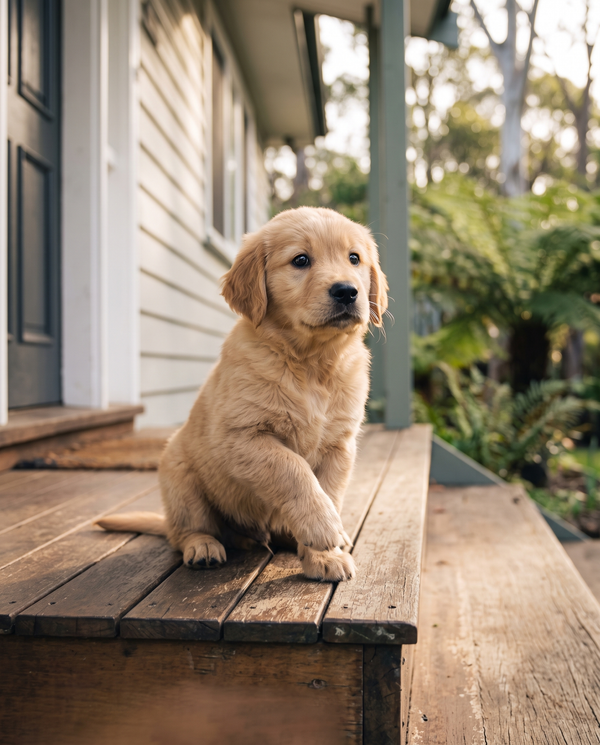 An 8-week-old puppy on the front step on its first morning home
